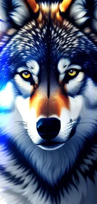 This striking live wallpaper features a close-up depiction of a majestic wolf's face with fierce yellow eyes, made entirely through sharp digital painting illustration techniques