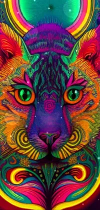 This phone live wallpaper features a mesmerizing feline with a trippy expression on its face
