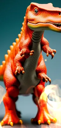 This unique phone wallpaper offers a close-up view of a colorful toy dinosaur on a table