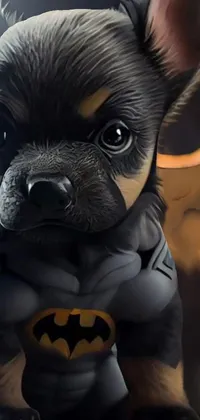 This phone wallpaper features a delightful close-up of a small dog donning a Batman costume