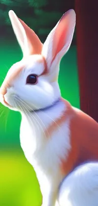 This beautiful phone live wallpaper features a realistic digital painting of a rabbit sitting in lush green grass