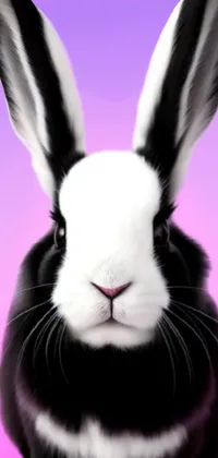 This lively wallpaper features an artistic rendering of a black and white rabbit against a purple backdrop