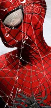 This phone live wallpaper showcases a close-up photograph of a Spider-Man costume with net art-style graphics