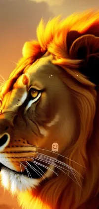 This amazing live phone wallpaper showcases a photorealistic digital painting of a lion set against a stunning sunset background