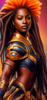 This live wallpaper features an empowering woman with striking dreadlocks in front of a vibrant, afrofuturistic background