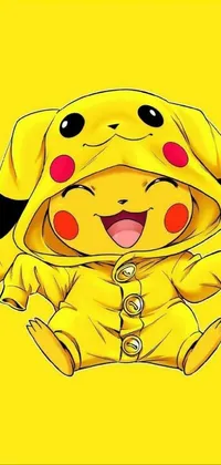 This vibrant phone wallpaper features a close-up of a person dressed in a Pikachu costume surrounded by colorful anime drawings