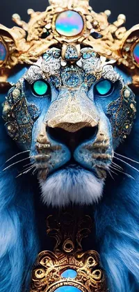 This phone live wallpaper showcases a majestic lion wearing a crown amidst a maximalist-inspired design with blue accents
