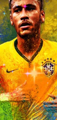 This phone wallpaper depicts a male soccer player wearing a bright yellow shirt and features a tumblr style digital art design