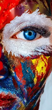 This lively phone wallpaper depicts a photo-realistic painting of a colorful and symmetrical face, captured in an artful full body shot close-up