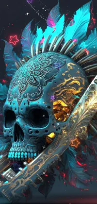 This phone live wallpaper boasts captivating fantasy art depicting an Aztec skull knife with intricate fractal plume
