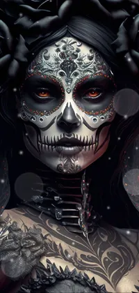 This phone live wallpaper showcases a woman wearing striking skull make up and adorned with beautiful flowers in her hair