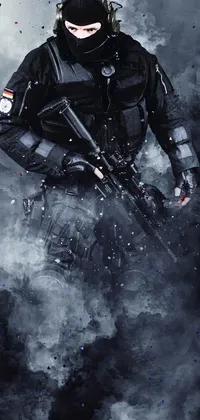 This dynamic phone live wallpaper features a soldier armed with a gun standing amid a cloud of smoke