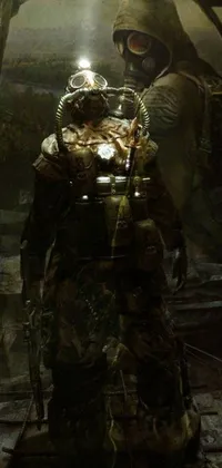 This phone live wallpaper features a dark and mysterious scene, depicting a man in a gas mask standing in a dimly-lit cave