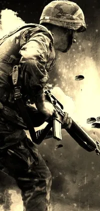 This stunning phone live wallpaper features a dramatic close-up photo of a soldier wielding a machine gun
