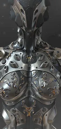 This phone live wallpaper features a stunningly crafted suit of armor with intricate biomechanical and cyberpunk queen elements