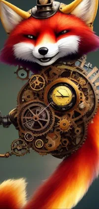 This phone wallpaper depicts a striking red fox carrying a clock on its back