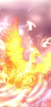Get mesmerized by this phone live wallpaper featuring a stunning fire bird soaring through a cloudy sky