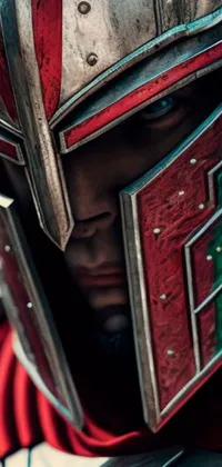 This phone live wallpaper showcases a stunning, ultra-detailed 8K image of a renaissance knight armored in red