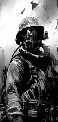 This phone live wallpaper features a powerful black and white photograph of a war hero wearing a gas mask on the battlefield