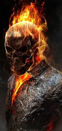 Looking for a live wallpaper with a spooky twist? This digital rendering features a man in a sleek suit, but the twist is that his head is engulfed in flames, creating an eerie Ghost Rider appearance