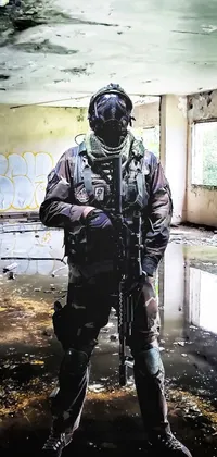 This live phone wallpaper features an intriguing image of a man in a gas mask standing in an abandoned building