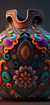 This HD phone live wallpaper features a beautifully crafted, colorful vase adorned with intricate Mexican folk art-inspired ornaments