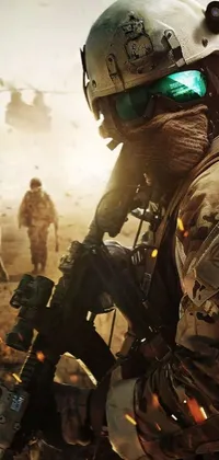 This live wallpaper features a group of soldiers in a battlefield setting, with a helicopter hovering in the background