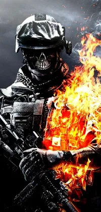 This fiery phone live wallpaper features a stunning image of a soldier holding a gun and flames