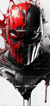 This phone live wallpaper showcases a red and black mask design on a white background