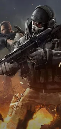 This powerful phone live wallpaper features two men holding guns in a striking scene that's reminiscent of in-game action