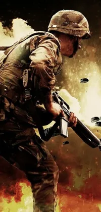 This phone live wallpaper depicts a soldier with a gun, surrounded by parachutes and designed with intricate digital art techniques