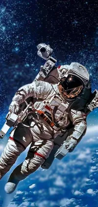 This phone live wallpaper showcases an astronaut floating effortlessly in space, fully suited and highly intricate in detail