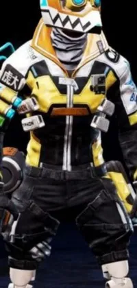 This phone live wallpaper features a striking design of a person in a black and yellow tracksuit with a full-face helmet and gloves