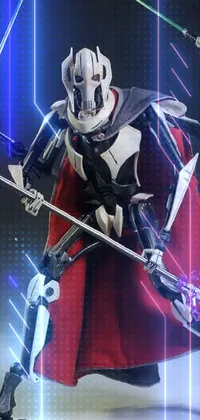 If you're a fan of Star Wars, you'll love this action-packed live wallpaper for your phone! It features a detailed General Grievous figure wielding two swords, set against a vibrant neo-dada and biopunk-inspired backdrop that showcases his iconic appearance