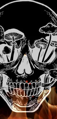 This skull-themed live wallpaper features a cell phone with haunting vector art inspired by trendy Grillo Demo art