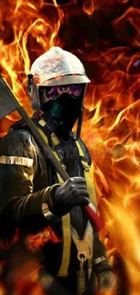 This firefighting live wallpaper showcases a hero in gear with an ax amid blazing flames