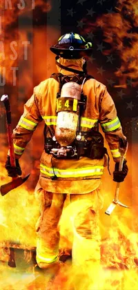 This phone live wallpaper showcases a digital art image of a firefighter standing in front of a fire, edited for a phone background
