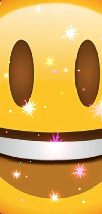This phone live wallpaper features a vibrant smiley face with an open mouth and symmetrical brown eyes, set against a colorful background