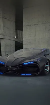 This phone live wallpaper offers a futuristic aesthetic with a 3D render of a sleek car placed on a dark, moody parking lot
