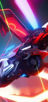 This phone live wallpaper features a futuristic car with mecha wings flying through a cyberpunk city at night