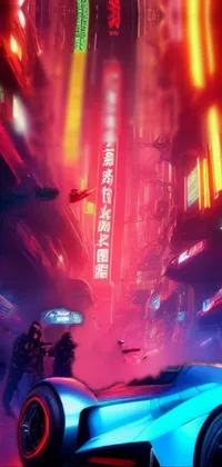This remarkable phone live wallpaper features a striking futuristic vehicle driving through a dynamic city at night