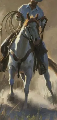 This phone live wallpaper showcases a beautiful oil painting of a man riding a white horse