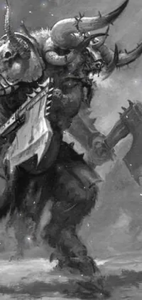 Discover an epic phone live wallpaper - a black and white painting featuring a warrior with horns, helmet and warhammer in hand