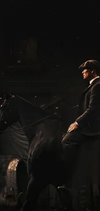 This live wallpaper depicts a man riding on a black horse in an arena