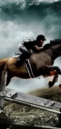 This phone live wallpaper features a digital art scene of a man riding a brown horse amidst a storm