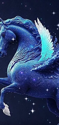 This phone live wallpaper showcases a breathtaking image of a winged horse statue in a rich blue color