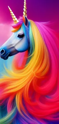 This phone live wallpaper features a rainbow colored unicorn with a flowing mane