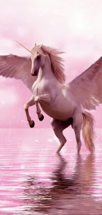 This live wallpaper features a majestic white horse standing on its hind legs in a serene body of water, surrounded by a dreamy pink sky