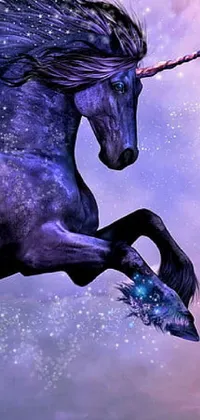 This mobile live wallpaper features a stunning unicorn horse standing on its hind legs in a fantastical world