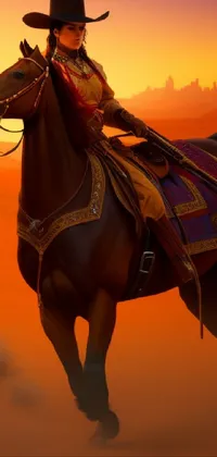 This phone live wallpaper features a stunning depiction of a woman riding on the back of a brown horse in a vast desert landscape